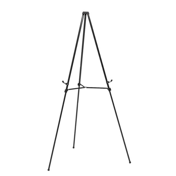 Telescoping easel that comes in satin or black finish standing on the ground